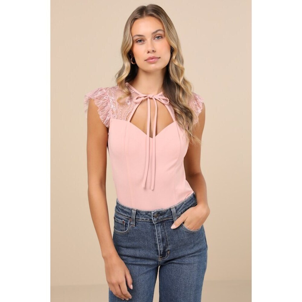 Lulus Coveted Crush Blush Pink Lace Tie-neck Bodysuit - Size S